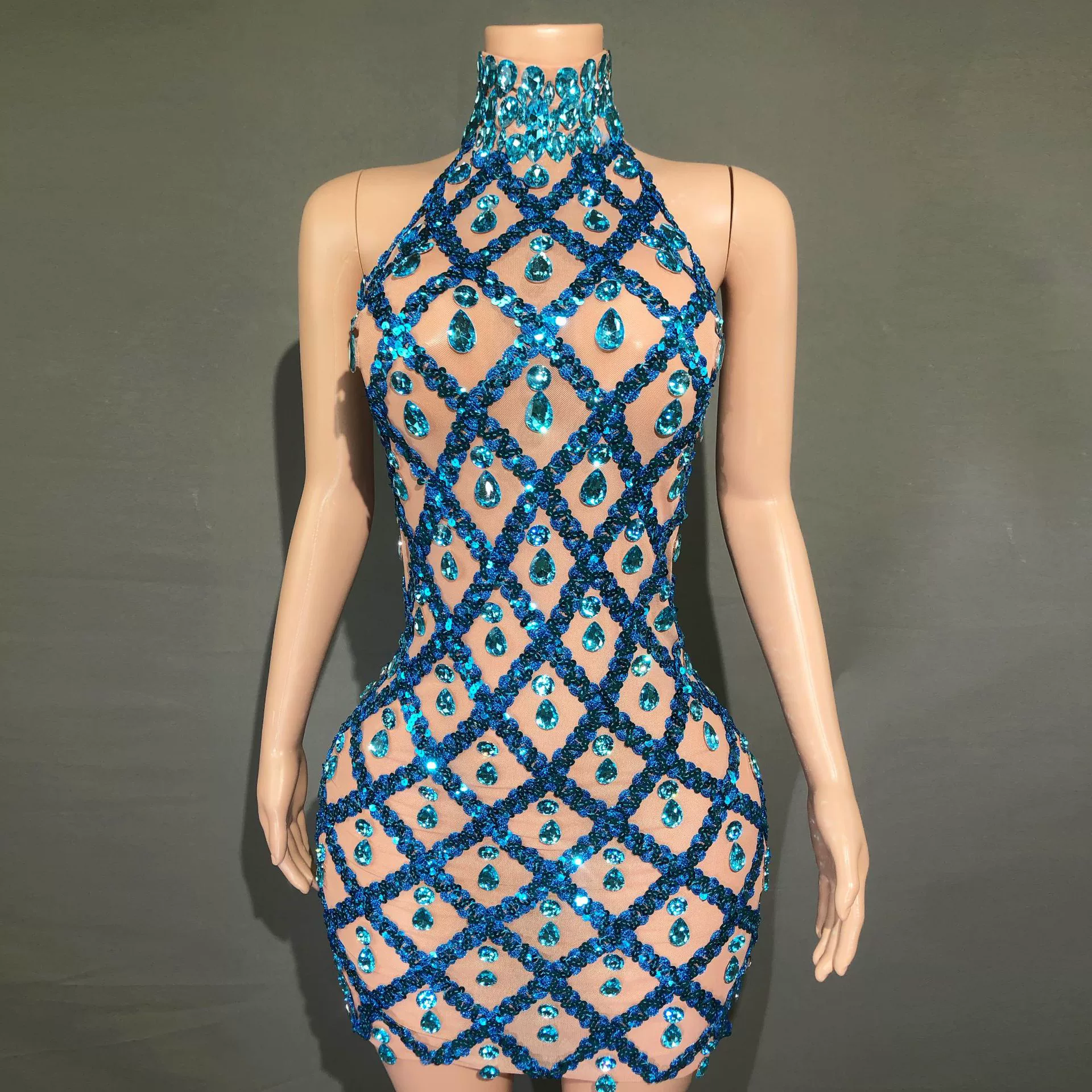 Новое Европейское и американское трансграничное горячее сексуальное перспективное Сетчатое платье со стразами и блеском на день рождения