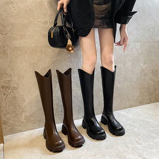 V-Mouth Long Boots Women's But Knee Knight Boots Women's Autumn and Winter New Slimming Round Head Thick Bottom High All-Match Long Boots