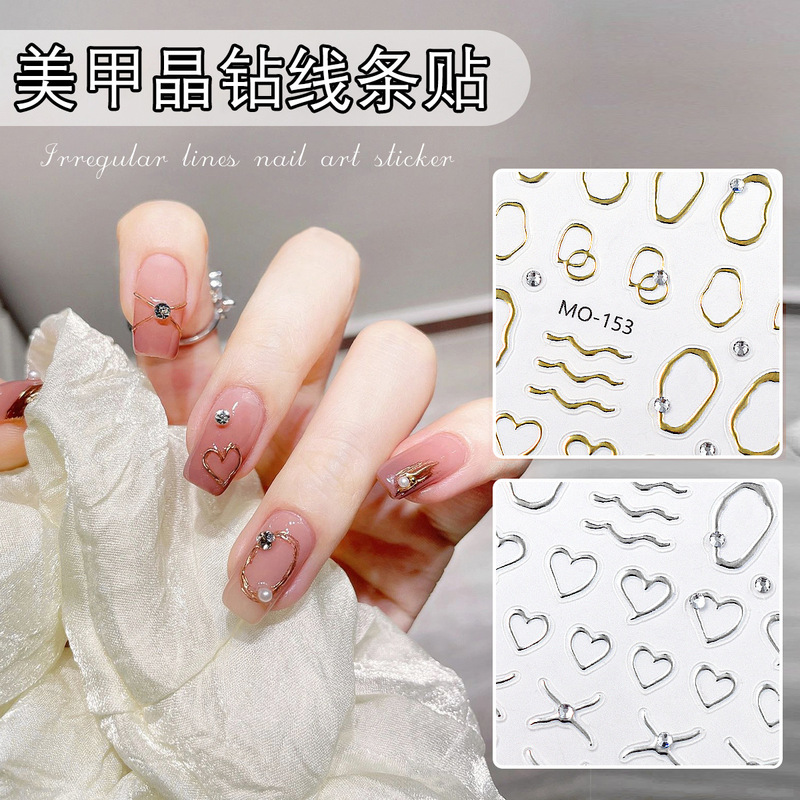 Nail Art Stickers with Crystal Diamond Lines, Embossed Diamonds, Hollow Hearts, Irregular Metal Borders, French-Style Gold and Silver Stickers