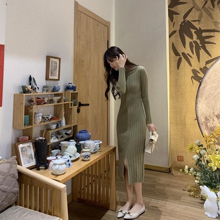 针织连衣裙女秋冬新款圆领百搭修身洋气开叉打底毛衣过膝内搭长裙|undefined