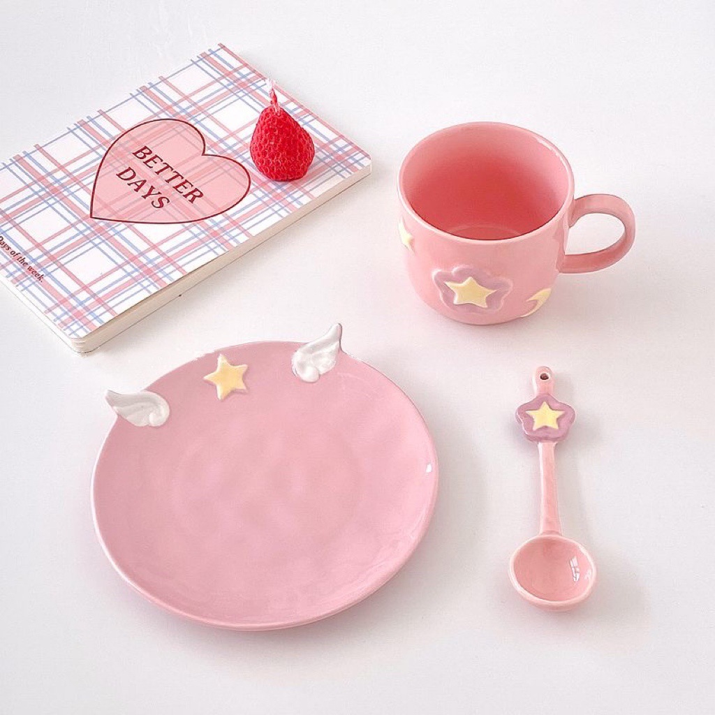 網紅高顏值馬克杯星星月亮陶瓷水杯粉色少女心咖啡杯早餐燕麥杯