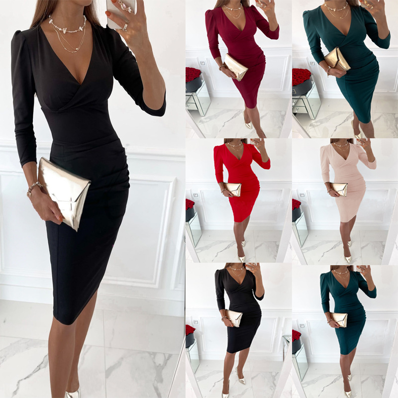 Women's Sheath Dress Elegant Classic Style V Neck Long Sleeve Solid Color Midi Dress Daily display picture 1