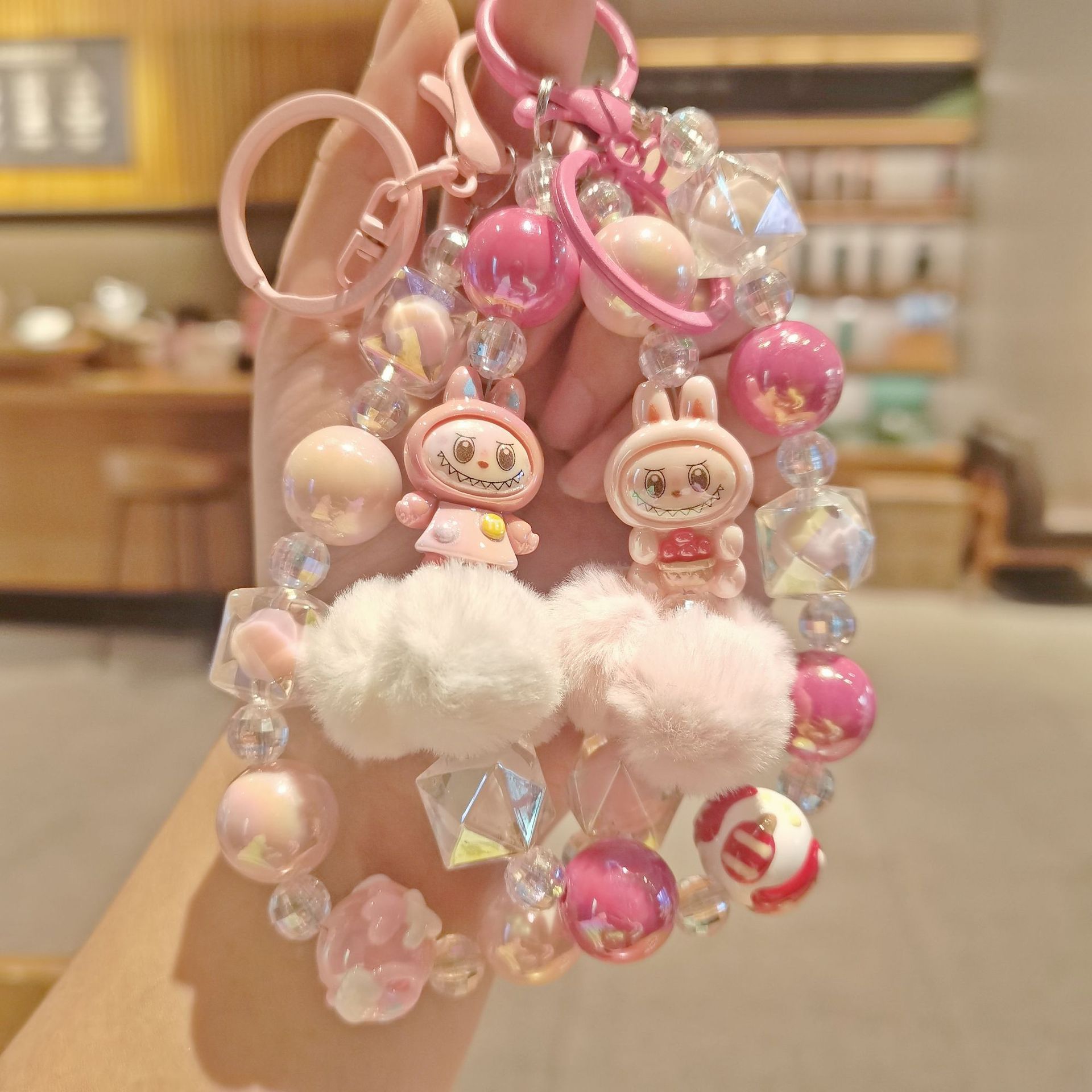 New Cartoon Doll Labubu Mobile Phone Chain Hand-Painted Bead Keychain Mobile Phone Case Hanging Chain Live Broadcast Blind Box Pendant