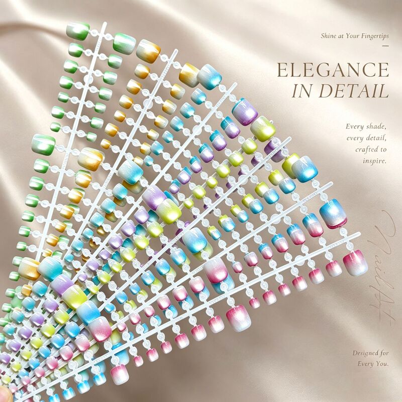 Factory Multicolor Glass Bead Cat Eye Gradient Toenails Wearable Nails Foreign Trade Cross-Border Nail Products Finished Nail Art Fake Toenails