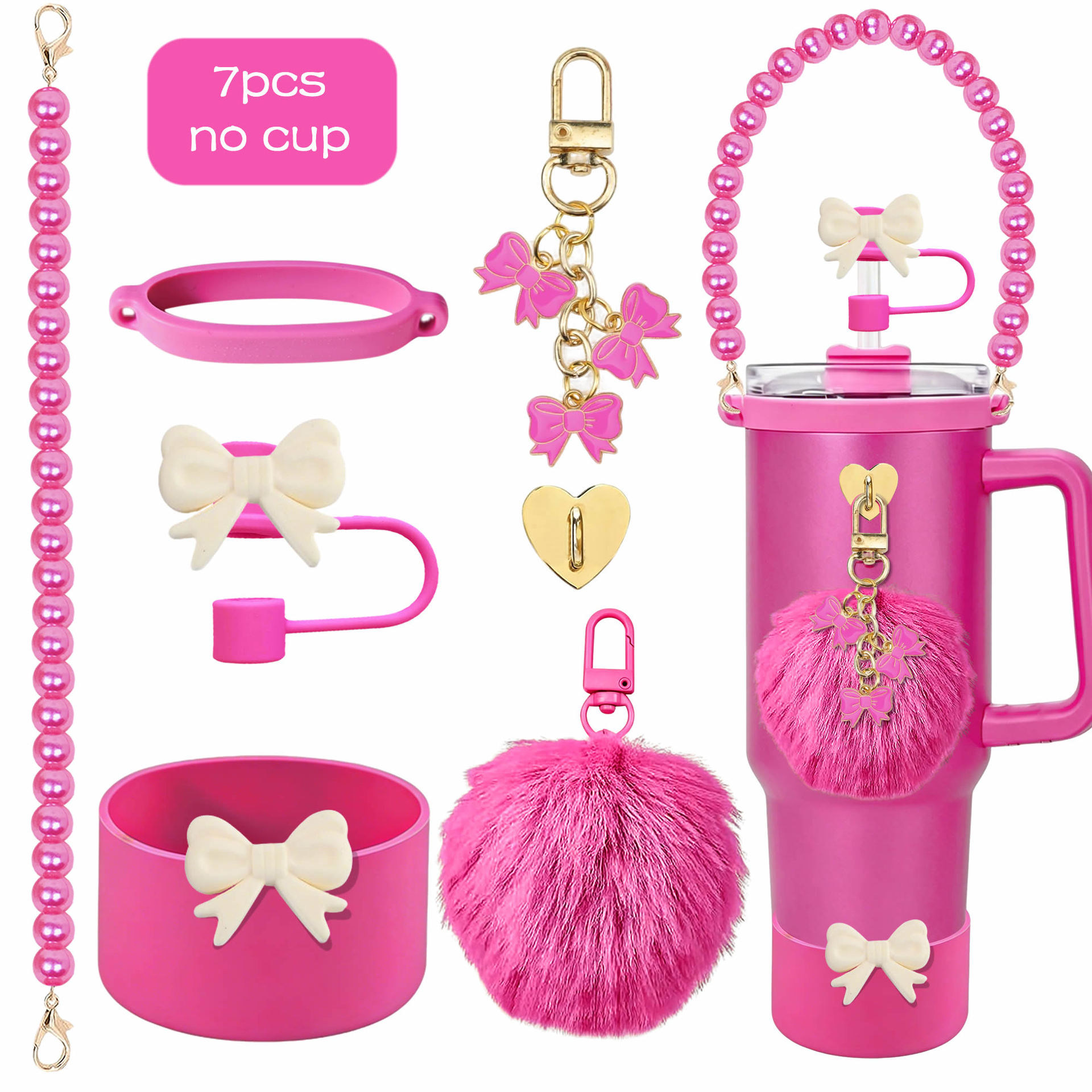 Cross-border Stanley water bottle accessories 40oz bow straw cap silicone cup sleeve pom-pom pendant pearl handle
