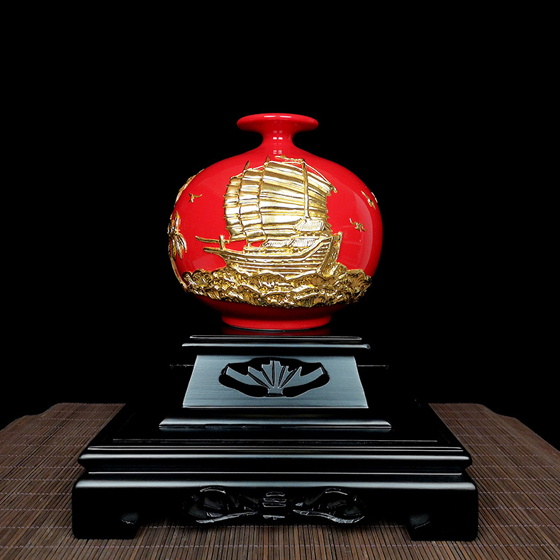 厦门漆线雕一帆风顺红瓷瓶纯手工制作开业乔迁的礼品摆件漆器非遗