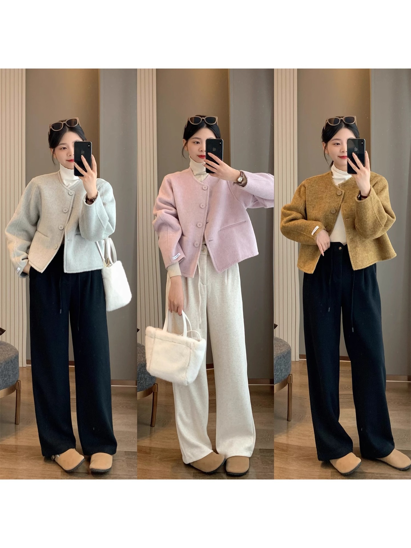 双面羊毛大衣 短款小香风小个子圆领H版型双面羊毛绒外套女