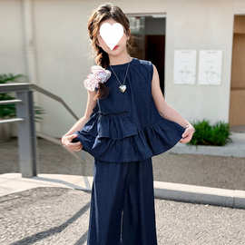 女童牛仔套装2025夏季新款洋气女孩夏装无袖背心牛仔阔腿裤两件套