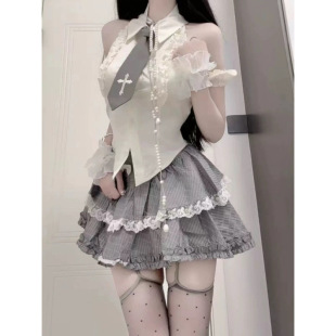 韓系學院風jk制服少女荷葉邊POLO領襯衣高腰蕾絲拼接蓬蓬短裙套裝