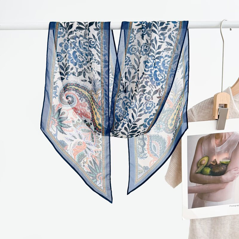 Blue and White Patterned Silk Scarf Approximately 20*160 Cm, Featuring a Simple and Stylish Design, Versatile and Fashionable Long Silk Scarf, Sun Protection Shawl Blue and White Patterned Silk Scarf Approximately 20*160 Cm, Featuring a Simple and Stylish Design, Versatile and Fashionable Long Silk Scarf, Sun Protection Shawl