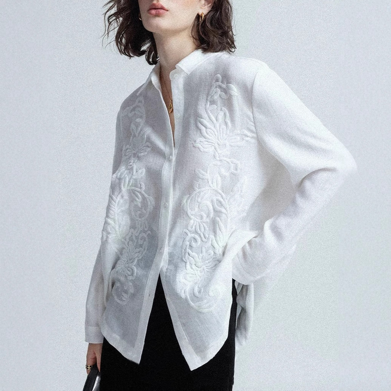 Tracing Inspiration/Heavy Industry Three-dimensional Embroidery/Self-consistent Gastrodia Casual Sunscreen White Shirt Women's Shirt