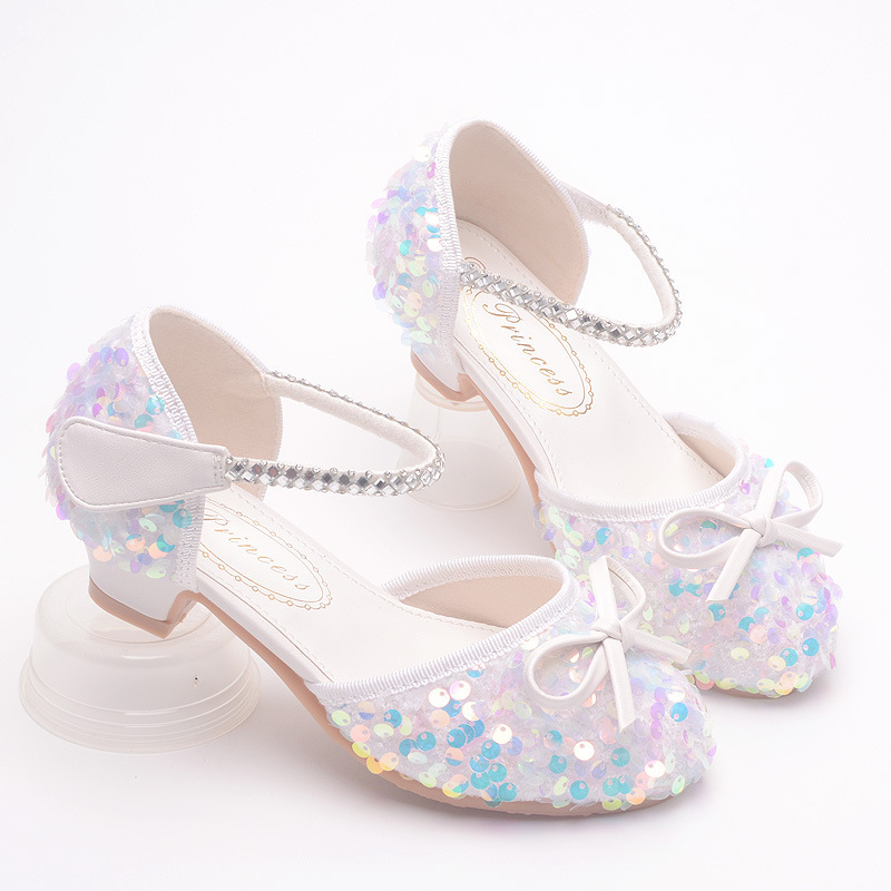 Children's Leather Shoes White Bow Spring and Autumn Girls' High Heels Sequin Pearl Princess Shoes Cross-border Special for Children's Shoes
