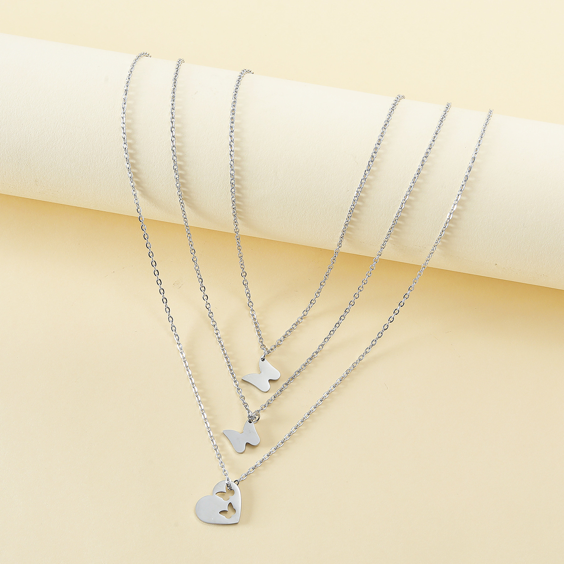 Butterfly Pattern Fashion Mama Butterfly Stainless Steel Polishing Hollow Out Pendant Necklace 3 Piece Set