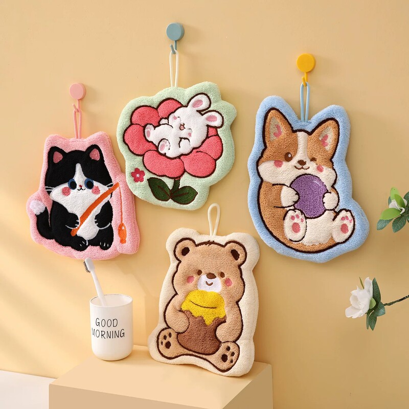 Cartoon hand towel for delivery, new Chinese-style kitchen hanging towel with cat and corgi dog designs, high aesthetic value, quick-drying coral fleece fabric Cartoon hand towel for delivery, new Chinese-style kitchen hanging towel with cat and corgi dog designs, high aesthetic value, quick-drying coral fleece fabric