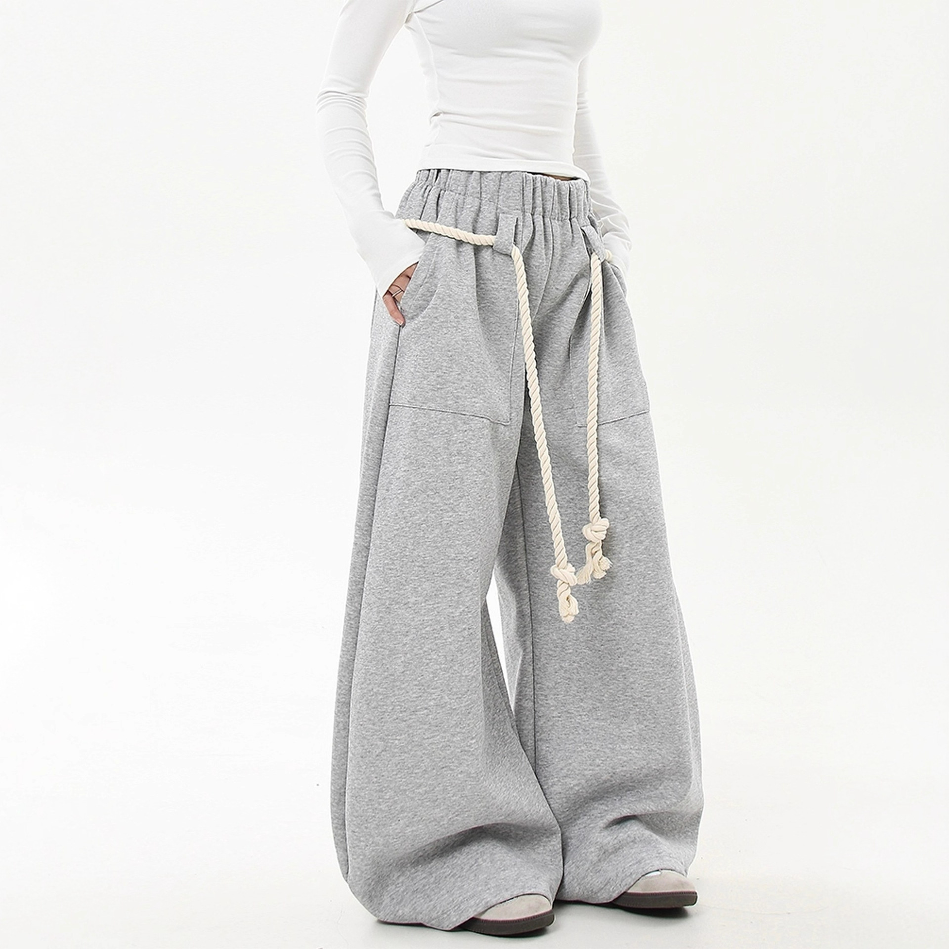 American Retro Lazy Style Drawstring Scimitar Sweatpants for Women, Niche Design, Loose and Versatile Street Wide-Leg Trousers