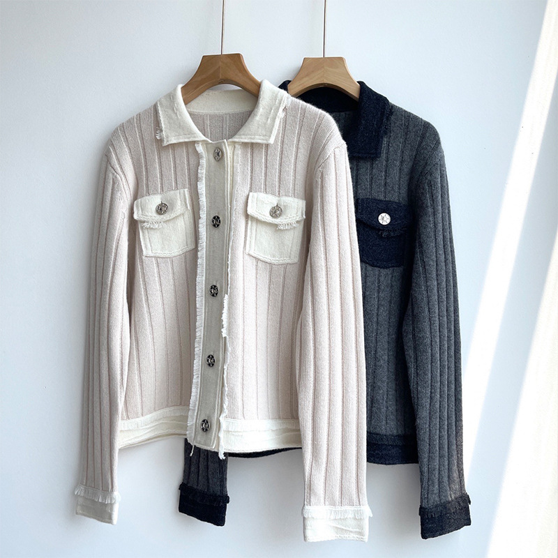 Women's Chanel-style fringed sweater coat with vertical stripes, metallic buttons, polo collar, and pure cashmere knit cardigan