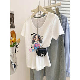 特大码300斤独特超好看减龄女孩撞色短袖T恤打底衫宽松上衣女春夏