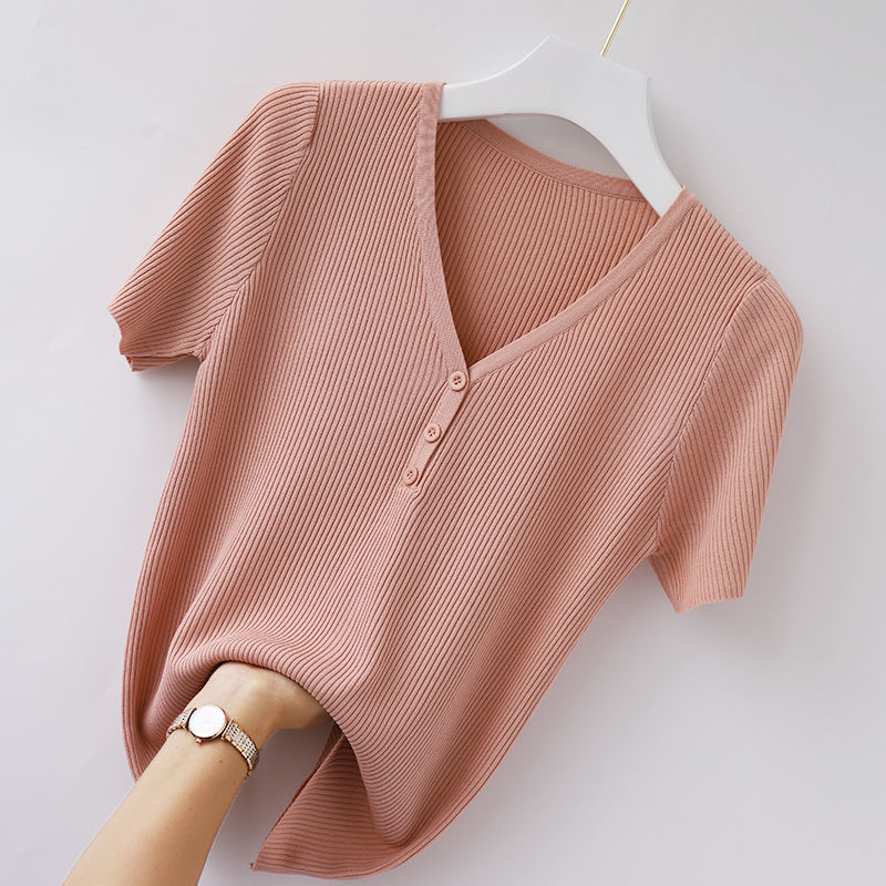 Spring and Summer New T-shirt Women's Short-sleeved Korean-style Short V-neck Slim-fit Solid Color Fashion Ice Silk Base Knitted All-match Slimming