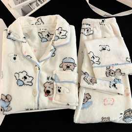 日系趣味小狗大码睡衣女秋冬珊瑚绒加厚保暖可爱蓝边家居服两件套