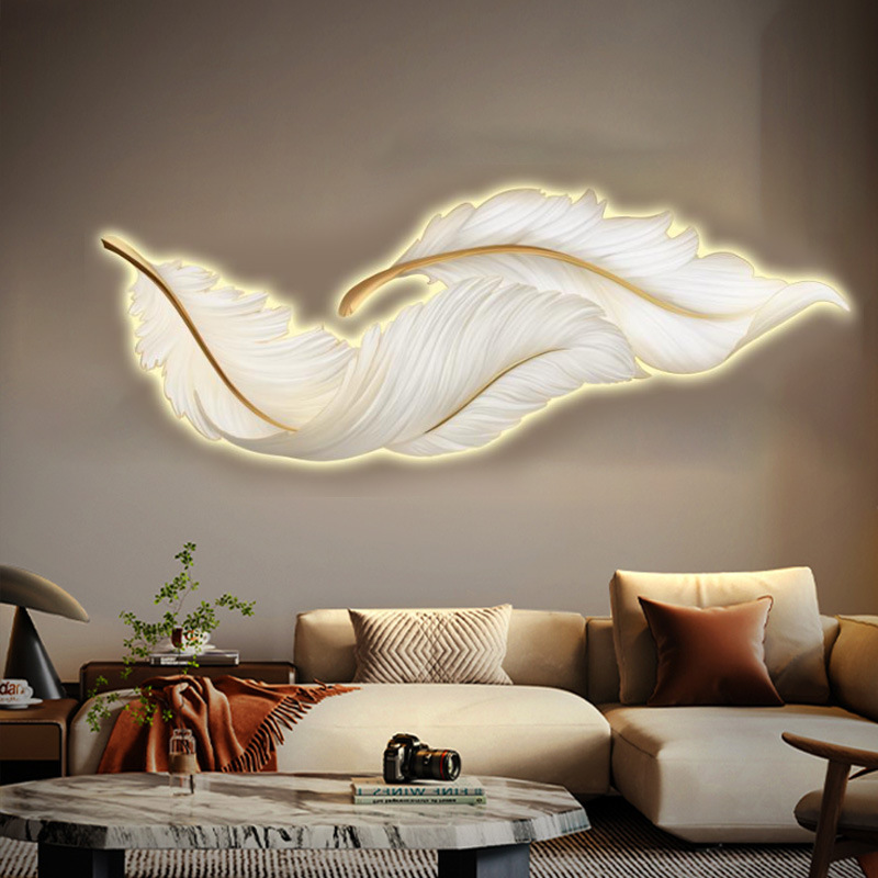 Pluma LED luminoso cuelga pintura de fondo sofá sala de estar pintura de pared escultura pintura decorativa mural de cabezal de cama moderna