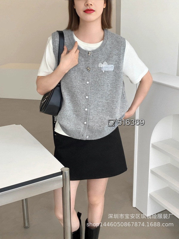 琪镌绘制针织马甲秋季新款韩版宽松显瘦圆领开衫背心上衣女516369|undefined
