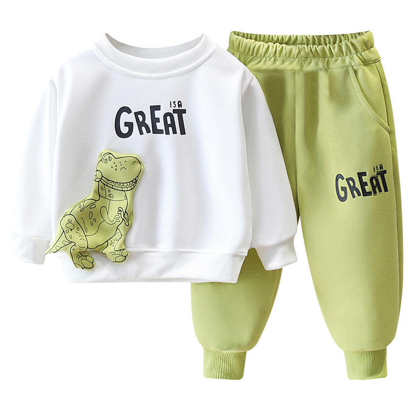 7095 traje de suéter para niño primavera para niños estilo occidental ropa de dinosaurio bebé casual de dos piezas 2025 nueva primavera