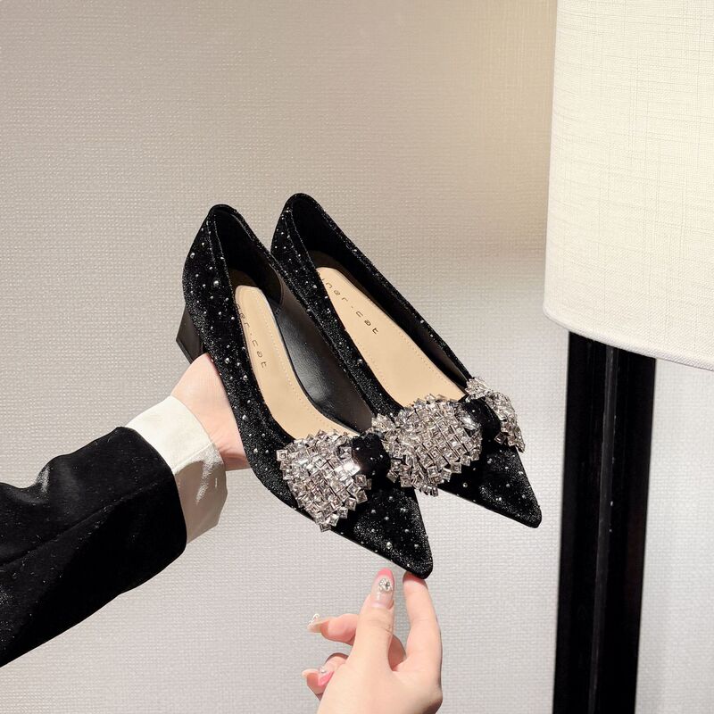 43310 Women's high-heeled shoes, chunky heel, 2026 new style, French rhinestone bow, pointed toe, shallow mouth, velvet flats 43310 Women's high-heeled shoes, chunky heel, 2026 new style, French rhinestone bow, pointed toe, shallow mouth, velvet flats