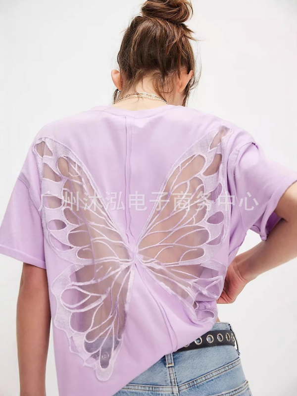 2025 Amazon AliExpress ストリート中空蝶ホットガールスタイルインルーズショートラウンドネック Tシャツ|undefined