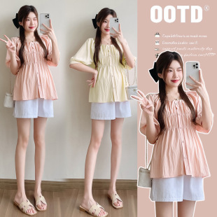 2024 New Pregnant Women's Shirt Summer Loose Slimming Pleated Sweet Age-reducing Trendy Mom All-match Pregnant Women's Top