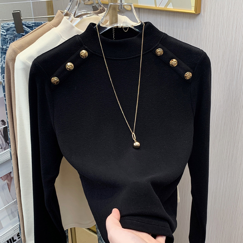 Camisa de fondo de terciopelo alemán con cuello medio alto para mujer 2024 nuevo estilo de otoño e invierno que se puede usar en el exterior, top de diseño de estilo occidental delgado image 4