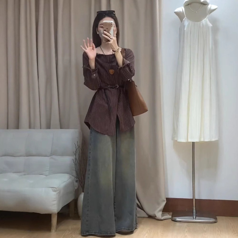 初春韩系穿搭一字肩条纹不规则长袖衬衫女春秋外搭设计感小众衬衣|undefined