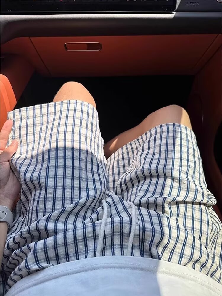 Seersucker Plaid Shorts Men's Summer Thin Splicing Design Straight Casual Wide-leg Five-point Pants_viptrois.com