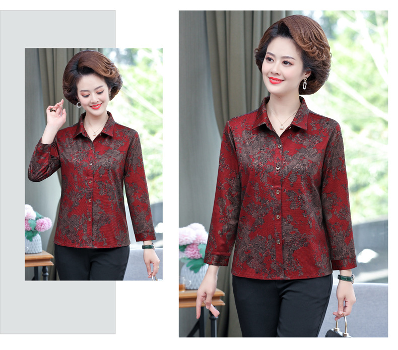印花女士衬衫长袖妈妈装开衫
