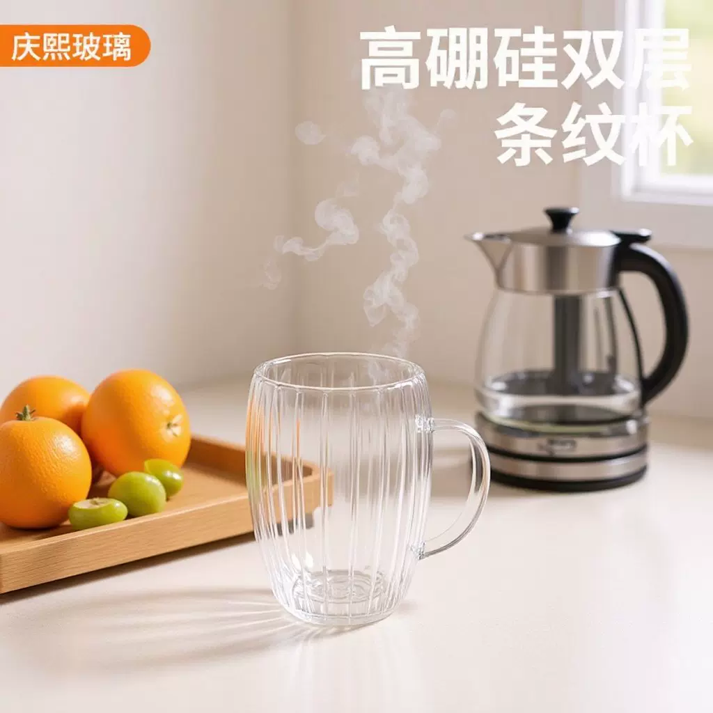 条纹咖啡杯玻璃双层杯蛋形咖啡杯牛奶杯高硼硅早餐杯耐热玻璃杯