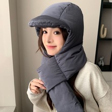 工厂定制秋冬羽绒棉防风帽围脖一体骑行帽子保暖时尚女护耳雷锋帽