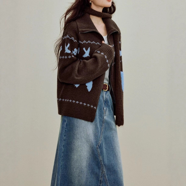 茵曼热可可系列北极绒尔岛翻领毛衣外套女5秋季咖针织开衫