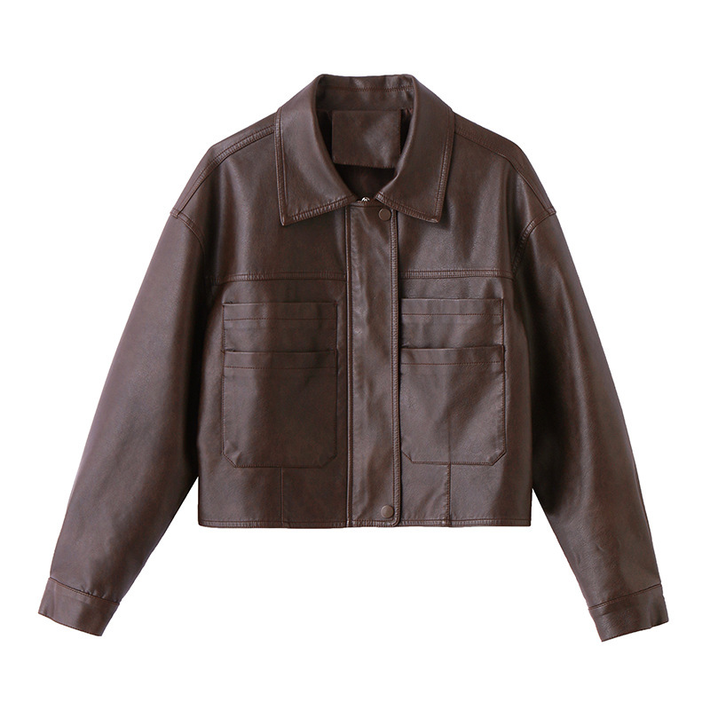 専門店の規格品の高腰の短い本革の皮の服の女性の韓国版のファッションの百合の気質の綿羊の皮は襟の小さい上着の春をめくります|undefined
