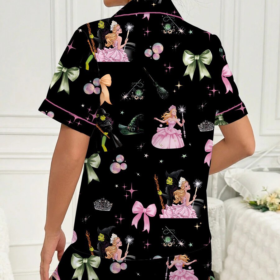 Women's Princess & Witch Print Pj Set – Soft Milk Silk Short Sleeve Loungewear With Collar (Black, S-Xl) | Sleepwear & Homewear_voghion.com