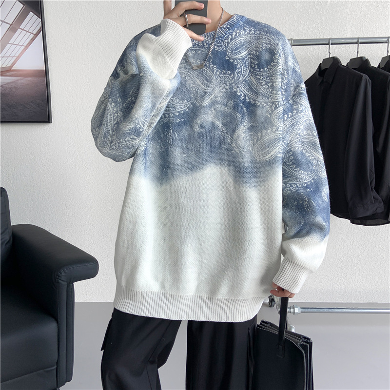 Cashew Flower Tie-Dye Sweater Men's Winter Ins Trendy Sweater Design Niche plus size Loose Round Neck Sweater