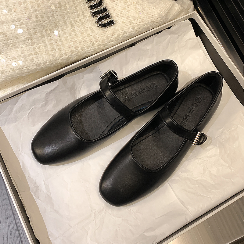2024 primavera nuevo estilo hebilla zapatos planos de corte bajo pequeño dedo del pie cuadrado retro de cuero suave inferior suave zapatos de mujer Mary Jane