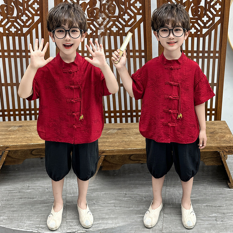 Boys' Chinese-Style Kindergarten Student Version Trendy Retro-Style Hanfu Two-Piece Suit Shirt Performance Young Gentleman Tang Suit
