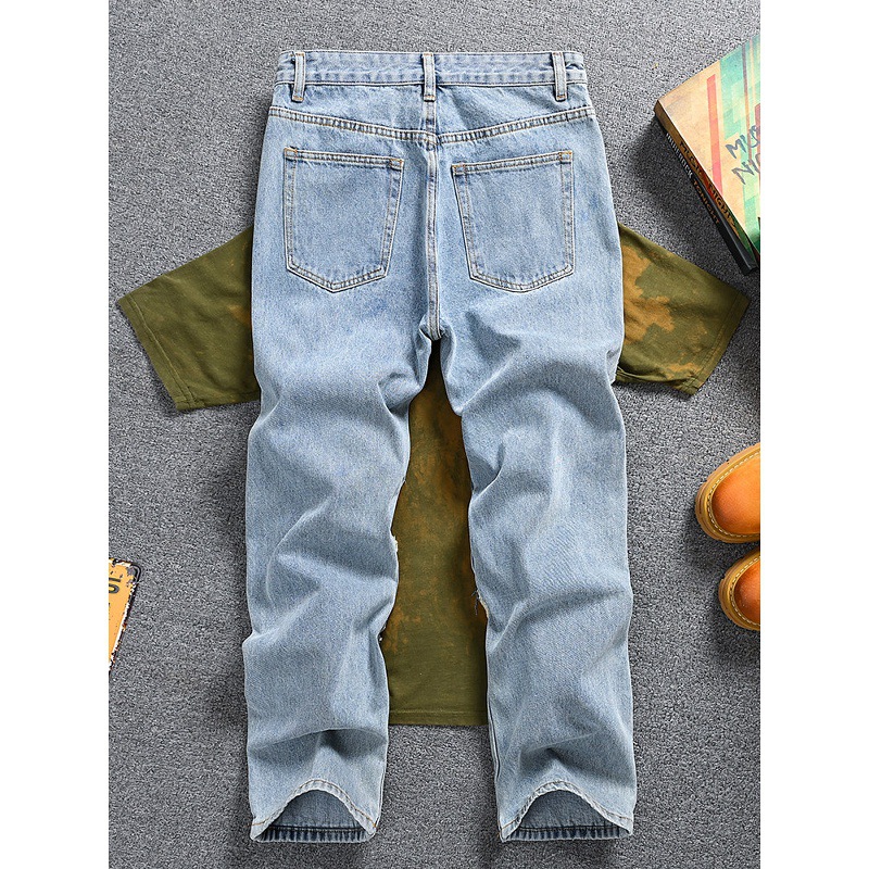Men's Clothing Retro Distressed Patchwork Jeans For Men, Loose Straight Leg, Trendy Brand Pants._mkmklike.com