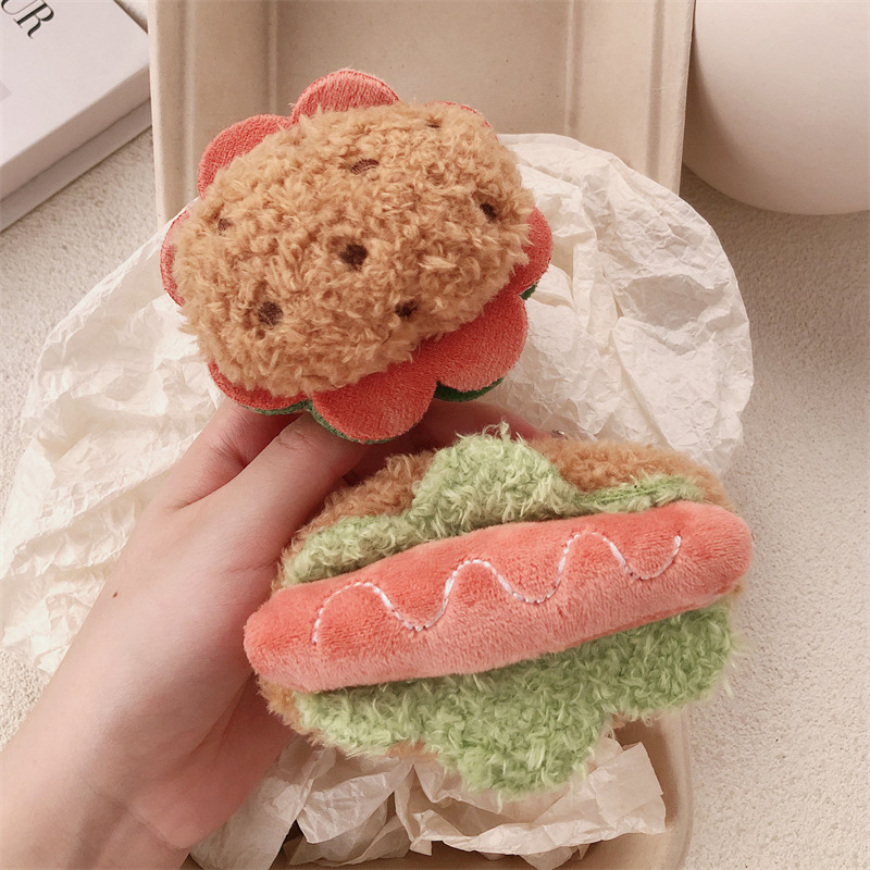 Red roja pastel ceroso suave hamburguesa muñeca colgante de dibujos animados sándwich de felpa perro caliente bolsa llavero accesorios al por mayor