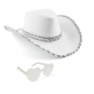 In-Stock White Silver-Edged Cowboy Hat and Glasses Set White Silver-Edged Cowboy Hat and Glasses Set