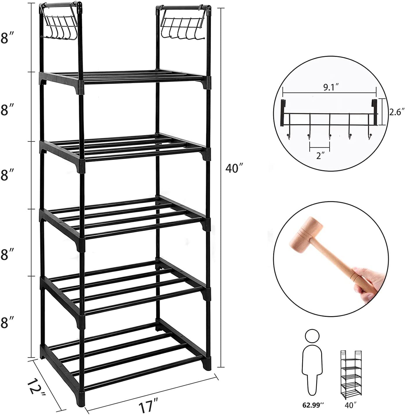 跨境专供简易安装室内门口收纳五层鞋架置物挂钩自由组装厂家直销