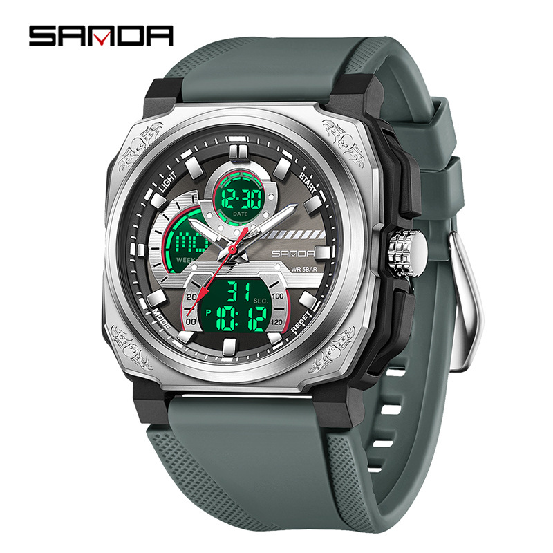 Sanda SANDA multifuncional moda juvenil doble pantalla impermeable reloj para hombre cuadrado deportes de ocio reloj electrónico para estudiantes