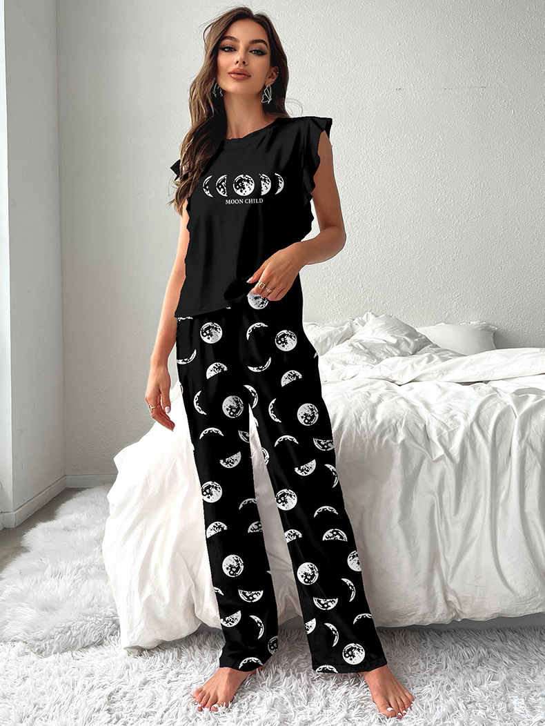 Dam loungewear set i silkeimitation med volangärmar sommar_voghion.com