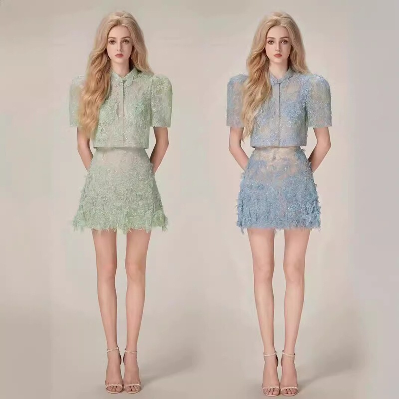 Vietnamese Designer's New Stylish Three-Dimensional Lace Puff Sleeve Short-Sleeve Skirt Set, Shipped Within One Month 30269 Vietnamese Designer's New Stylish Three-Dimensional Lace Puff Sleeve Short-Sleeve Skirt Set, Shipped Within One Month 30269
