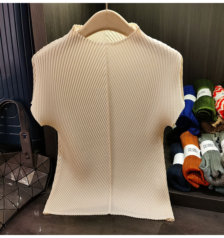 Áo cổ đứng xếp li vảy rồng tay ngắn nữ cao cấp đa năng — Màu đen, Màu đỏ hoa hồng, Màu hồng, Màu xanh lá chi tiết 11