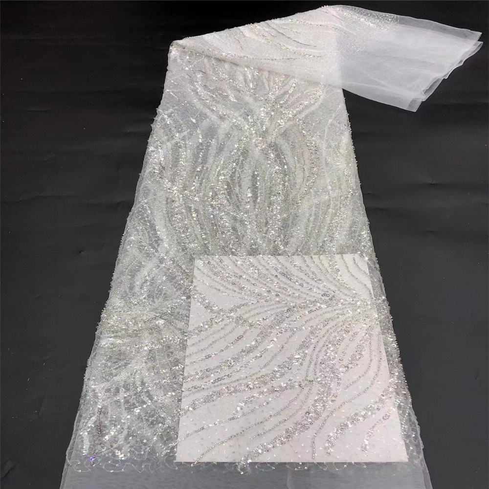 Encaje de Rayas con Cuentas de Hilo de Poliéster para Vestido de Novia